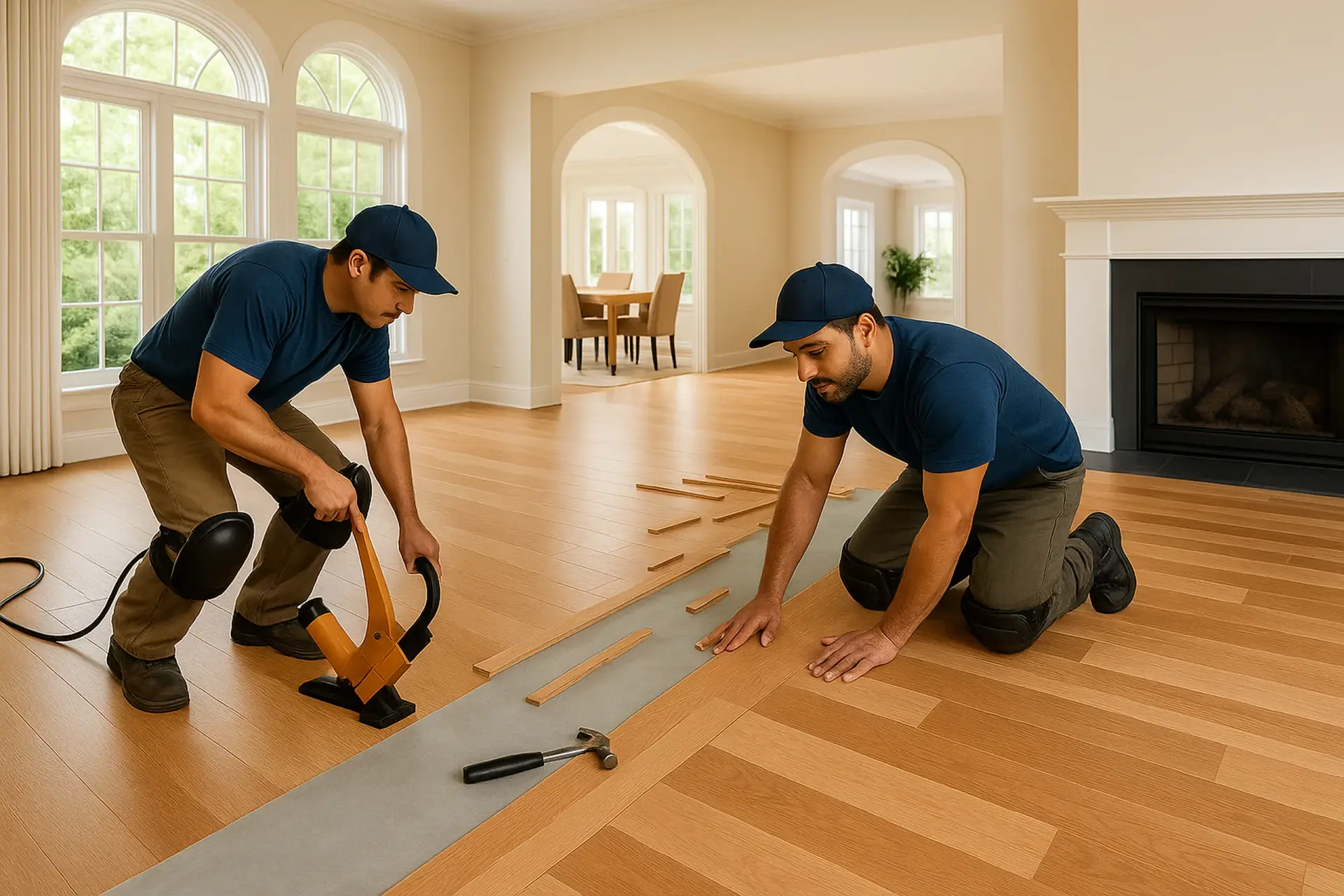 Flooring installers working on hardwood floor in Raleigh