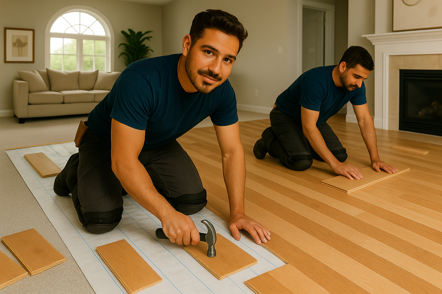 Installation crew aligning wood planks, emphasis on floor